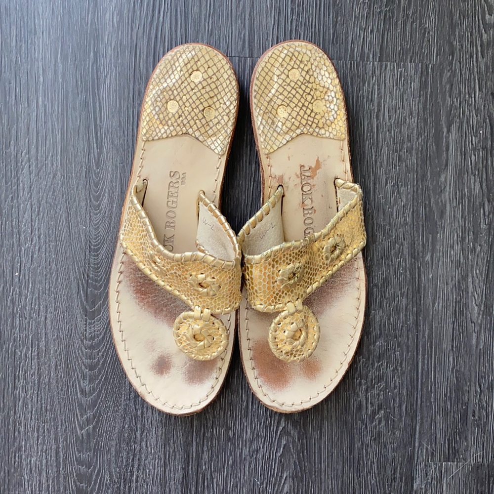 Jack Rogers Sandals, Gold Snake Print, Sz 7